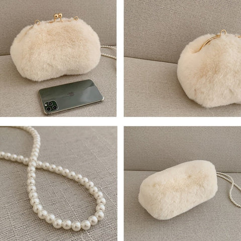 White Faux Fur Purse With Pearl Strap On Sale