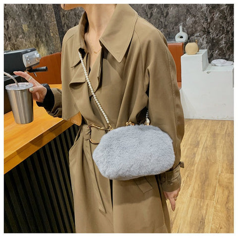 Grey Faux Fur Cross Body Bag On Sale