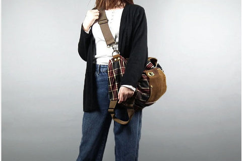 model carrying plaid messenger bag crossbody style