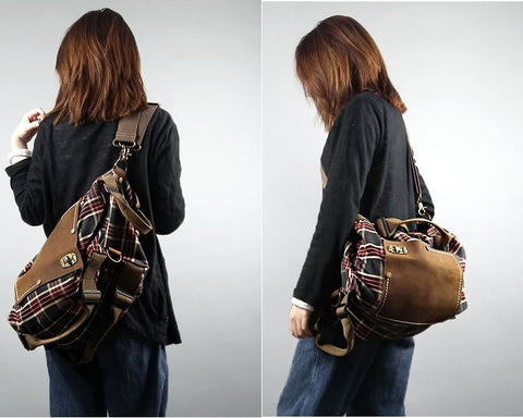 model carrying plaid messenger bag crossbody style