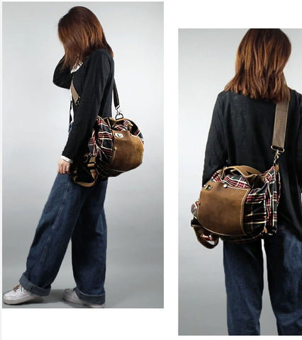 model carrying plaid messenger bag crossbody style