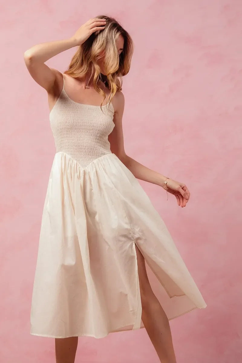 Smocked Sleeveless Casual Everyday Dress With Slit - Cream