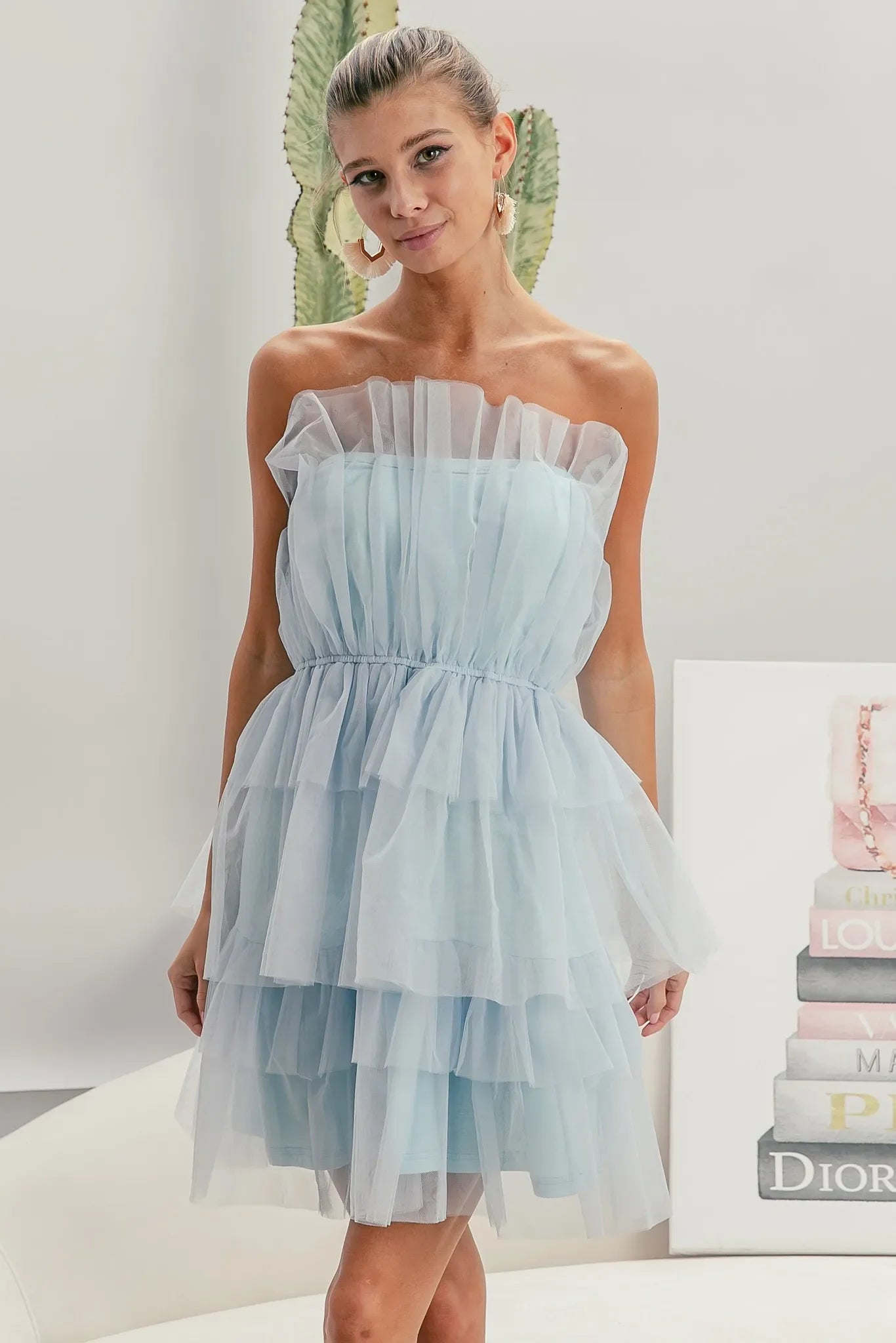 Sleeveless Layered Organza Dress - Sky Blue