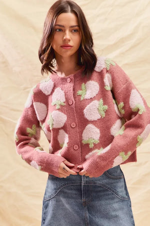 Strawberry Fruit All Over Button Sweater Cardigan - Marsala - Wildflower Hippies