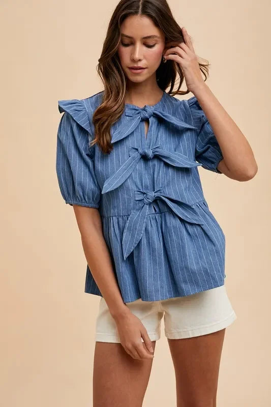 Stripe Front Bow Denim Peplum Blouse