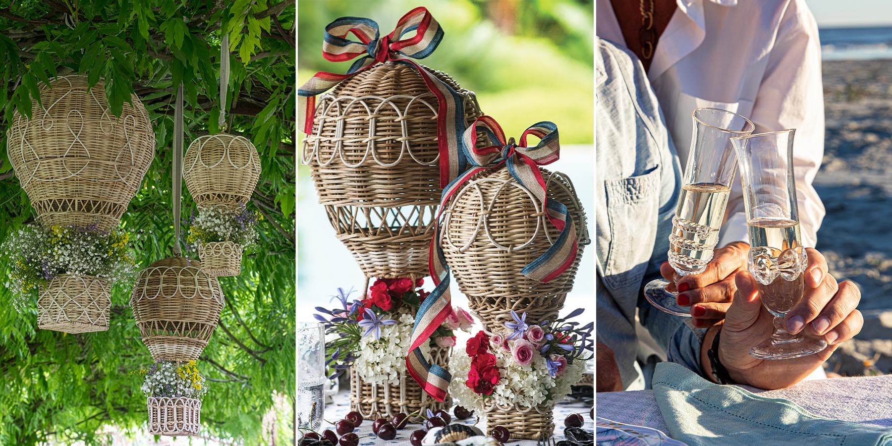 Juliska's hot air balloons can hang whimsically from tree boughs above or stand as centerpieces for a lovely picnic.