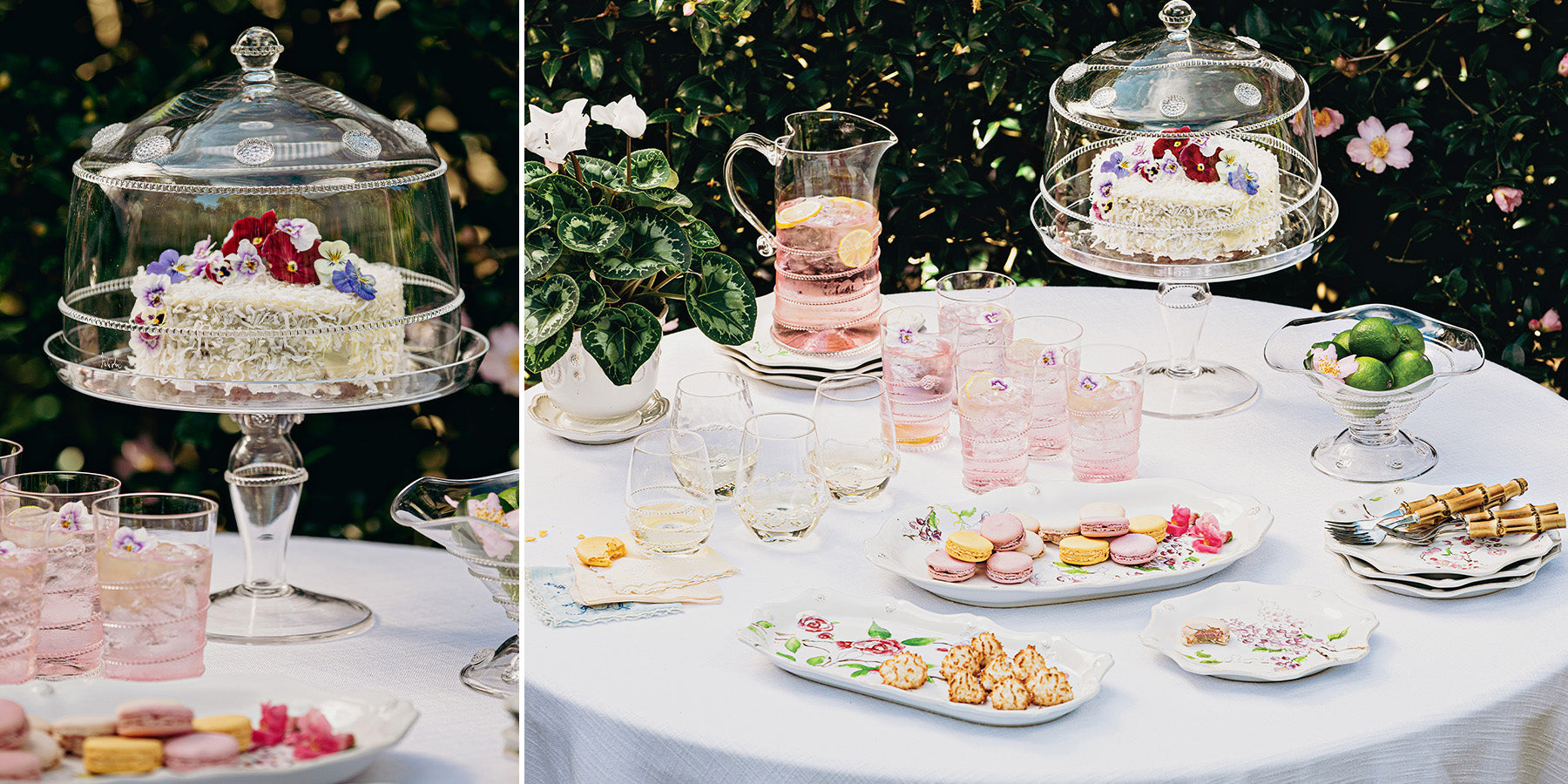 An outdoor table set up with cocktails and cake.