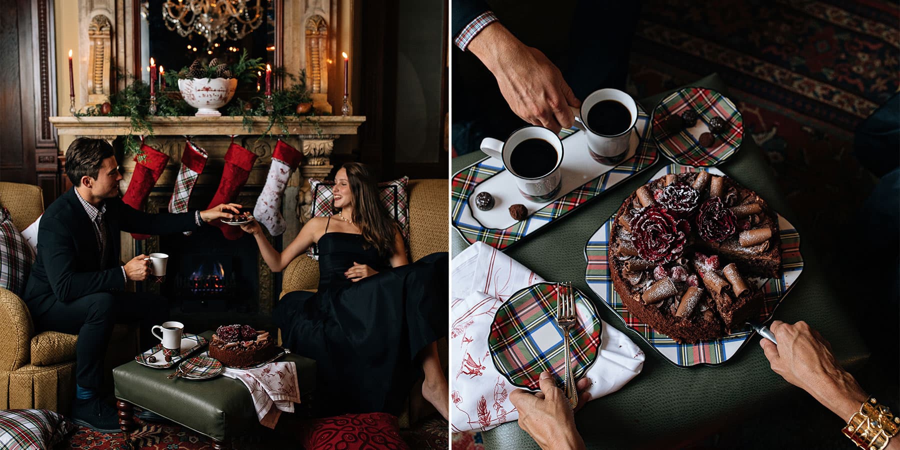 dinner with dessert served fireside in a romantic setting festooned with all the holiday trimmings