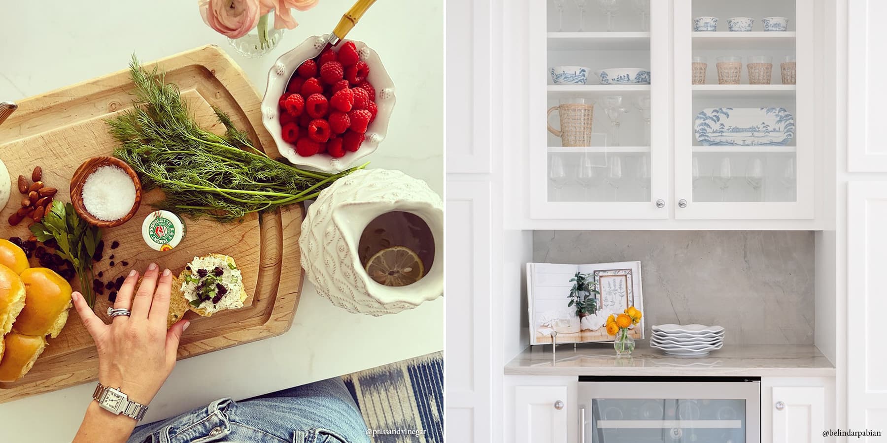 We spied our pretty Jardins du Monde and painterly Country Estate on display in these light and bright kitchens.