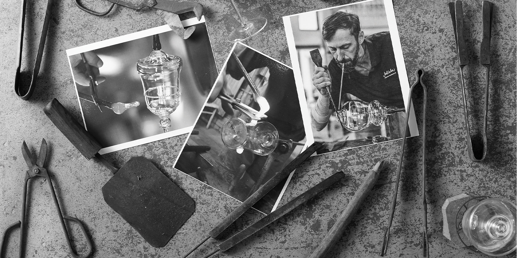 Overhead shot of collage of old glass blowing tools and black and white photos of glass makers.