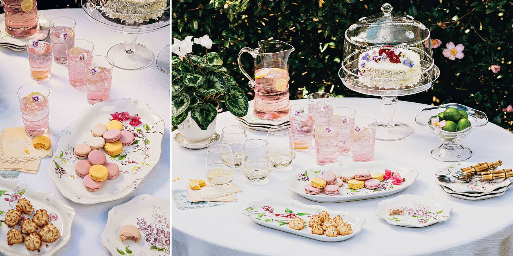 A table laden with elevated servings of desserts and drinks creates an enchanting presentation.