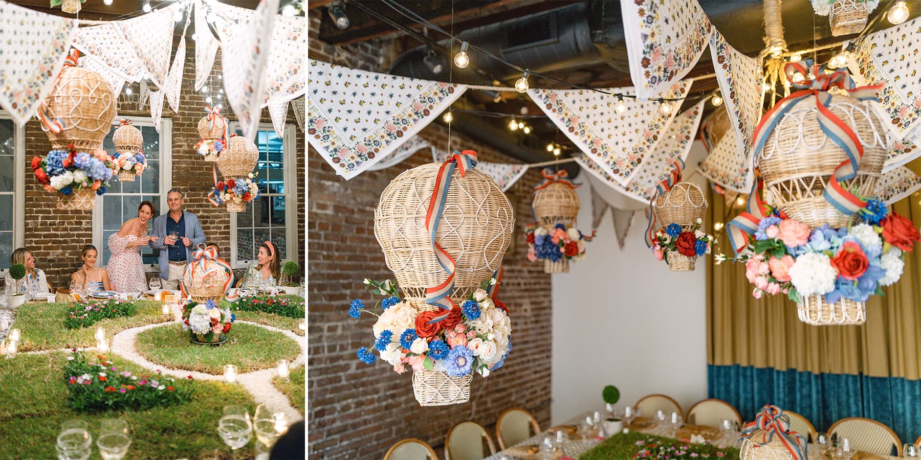 Dozens of our Jardin du Monde hot air balloons floated above, festooned with red, cream, and periwinkle blue flowers as an homage to our French, English, and American heritage that is so emblematic of our style.