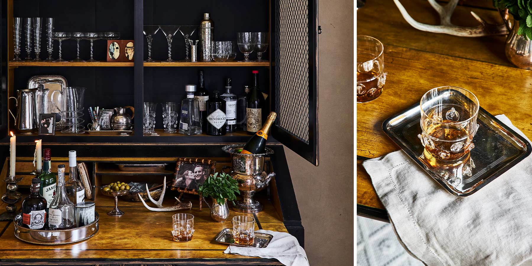 A home bar with just the right sparkling glassware, libations, and accoutrements at your fingertips to celebrate with effortless style.