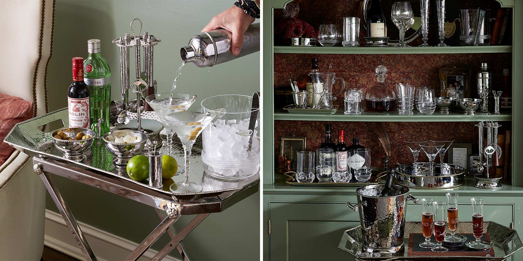 Favorite iterations of the home bar is a “pop-up” bar using a large serving tray that can be moved anywhere on a whim.