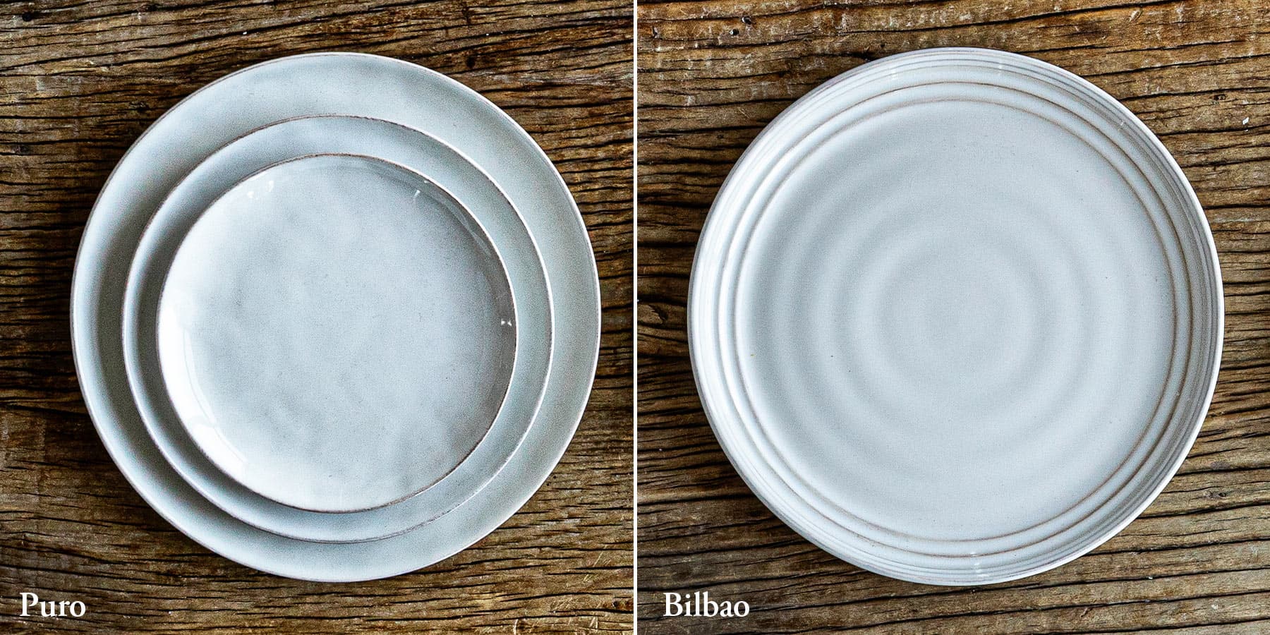 Puro collection gleams with a whitewash glaze that brings the soft texture of rumpled linen to table settings. With a spotlight on artisanal craftsmanship, our Bilbao dinnerware.