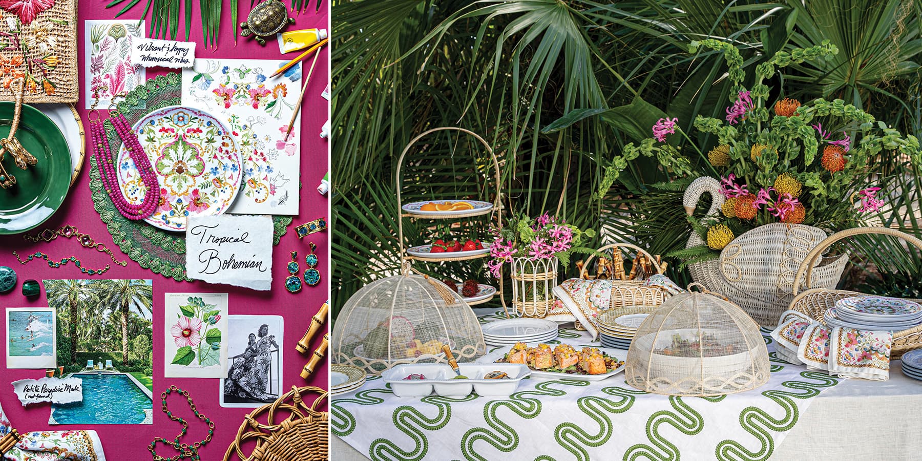 A vibrant and eclectic mix of classic pieces and whimsical accents creates a tropical vibe for your home and garden parties!