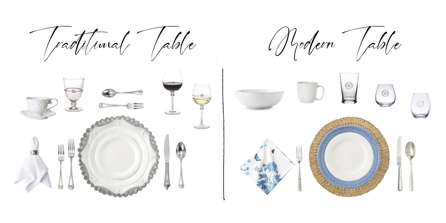 If you look at our table setting diagrams here, we invite you to reference the traditional method and the modern day precedent, and then gently (or not so gently) break those rules to suit your own lifestyle.