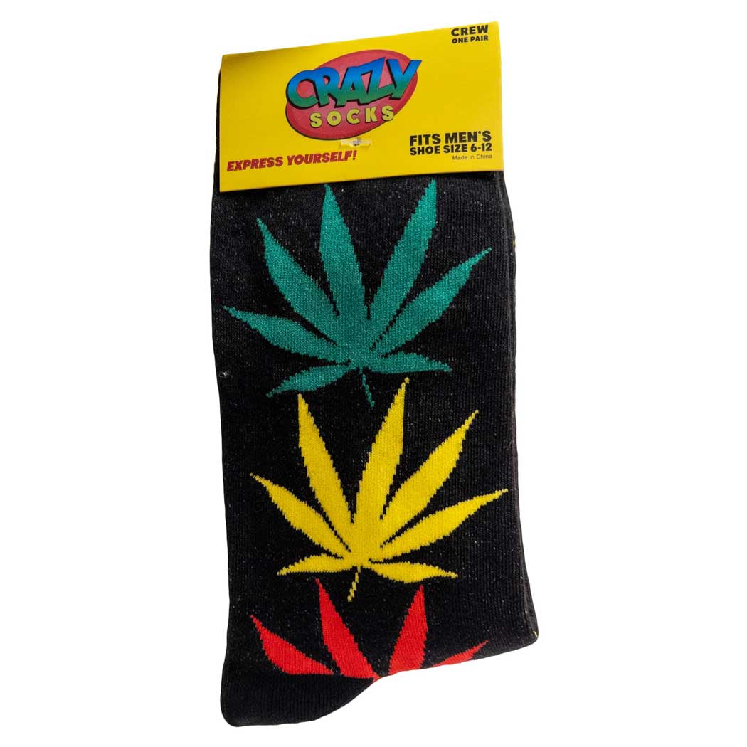 74010702464 Crazy Socks Smoking Themed Crew Socks RASTA LEAVES 01