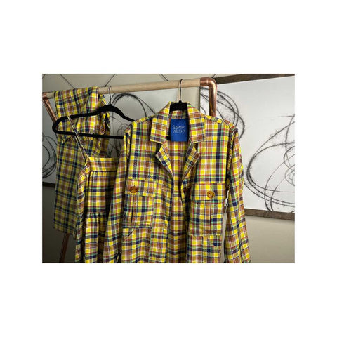 Simon Miller dress, duster jacket, and pants or slacks with a strong or high chroma yellow plaid print