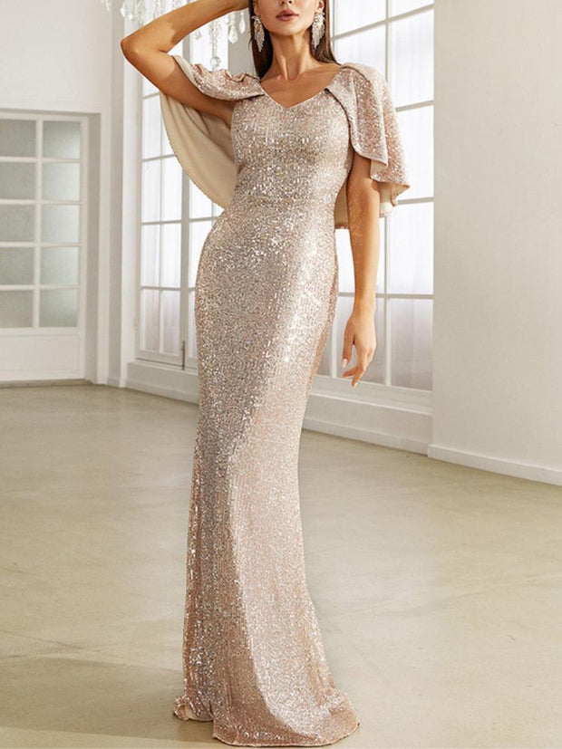 Acemysale Graceful V Neck Sleeveless Gold Sequins Floor Length Mermaid Dress