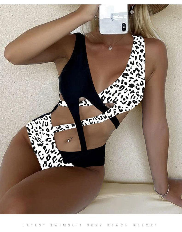 Acemysale Stitching Color Leopard Print Hollow Swimwear