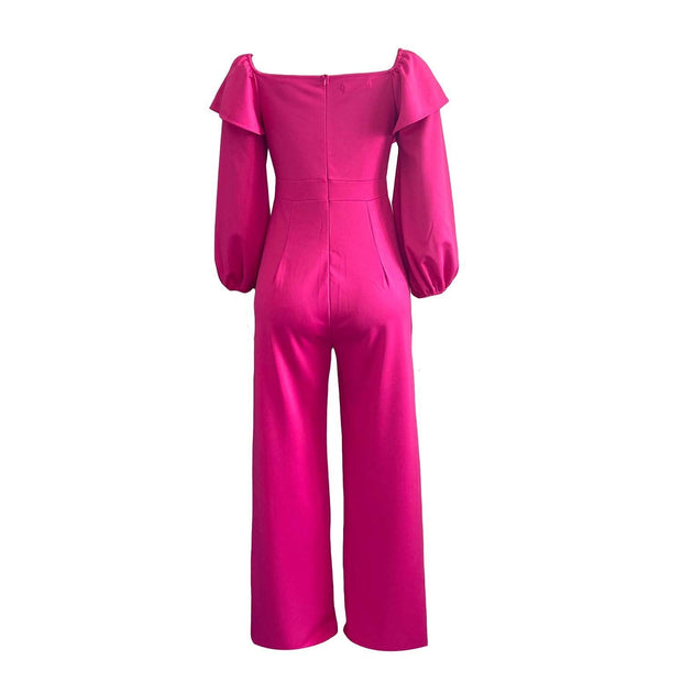 Fashion V-neck Puff Sleeve Pure Color Casual Jumpsuit