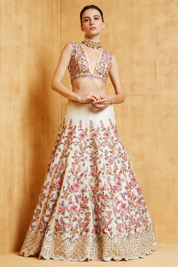 Ivory Raw Silk Lehenga With Floral Embroidery