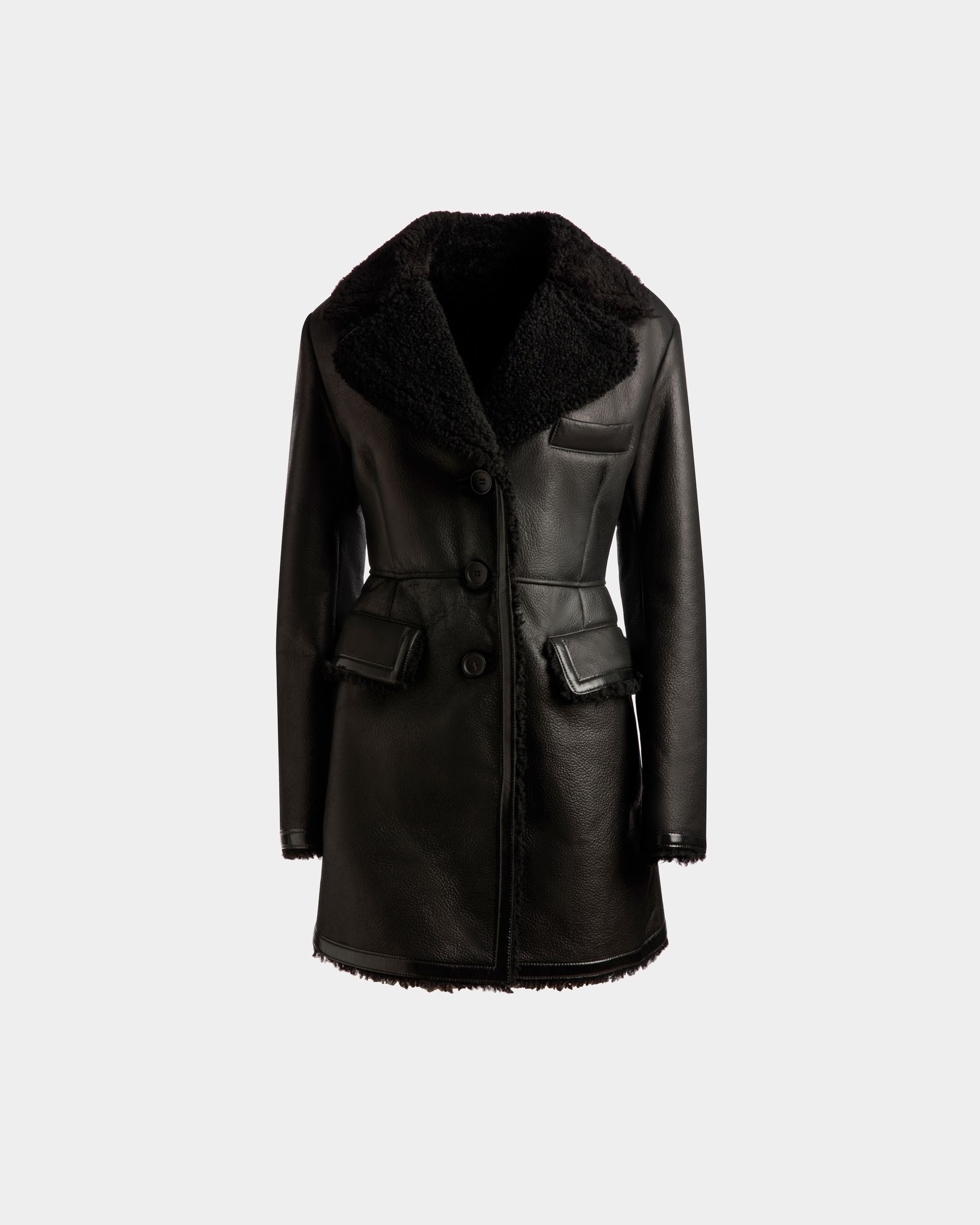 Women's Wool-lined Coat In Black Leather | Bally | Still Life Front