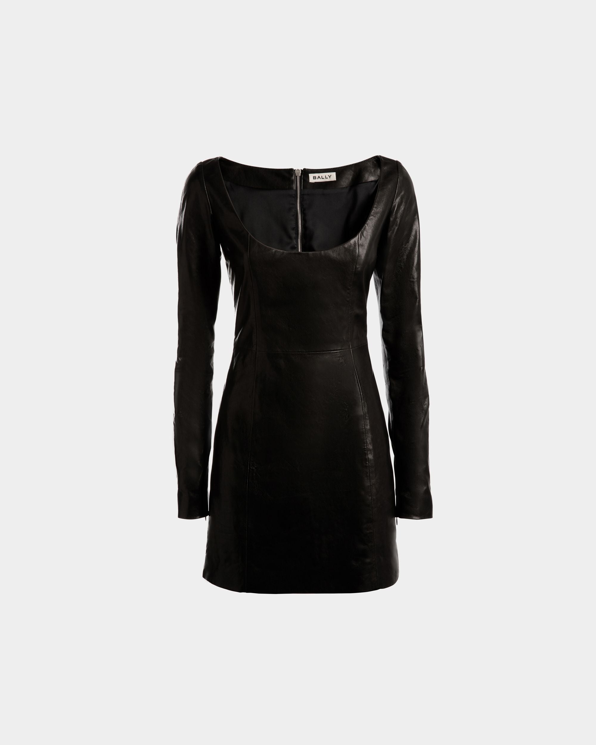 Women's Long Sleeve Mini Dress in Black Leather | Bally | Still Life Front
