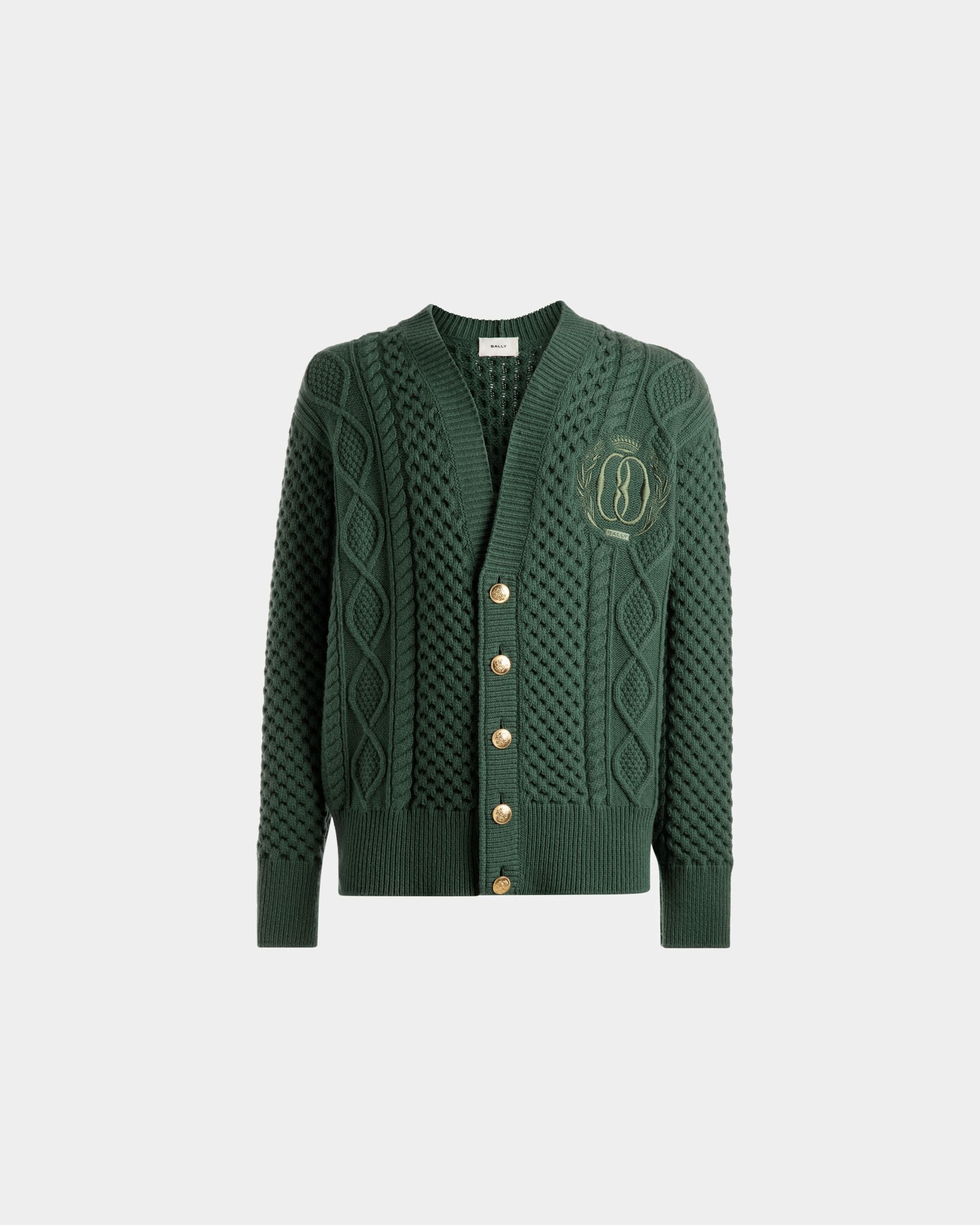 Cable Knit V-Neck Cardigan | Men's Cardigan | Kelly Green Wool | Bally | Still Life Front