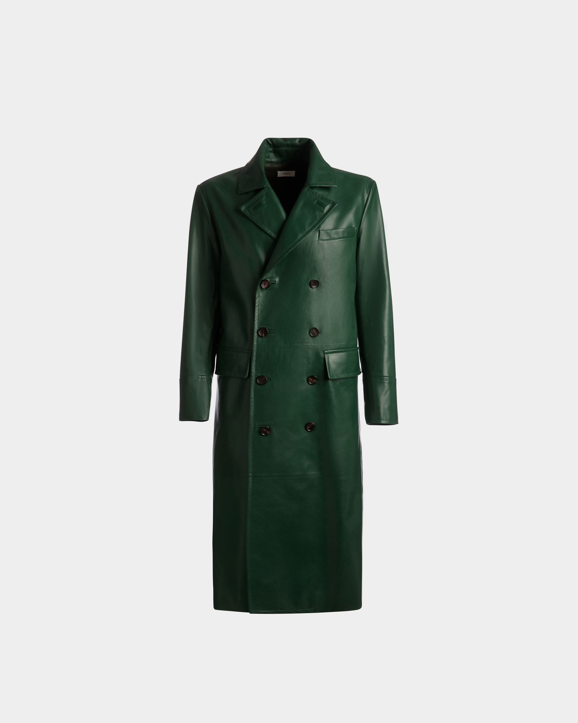 Double Breasted Coat | Men's Outerwear | Kelly Green Leather | Bally | Still Life Front