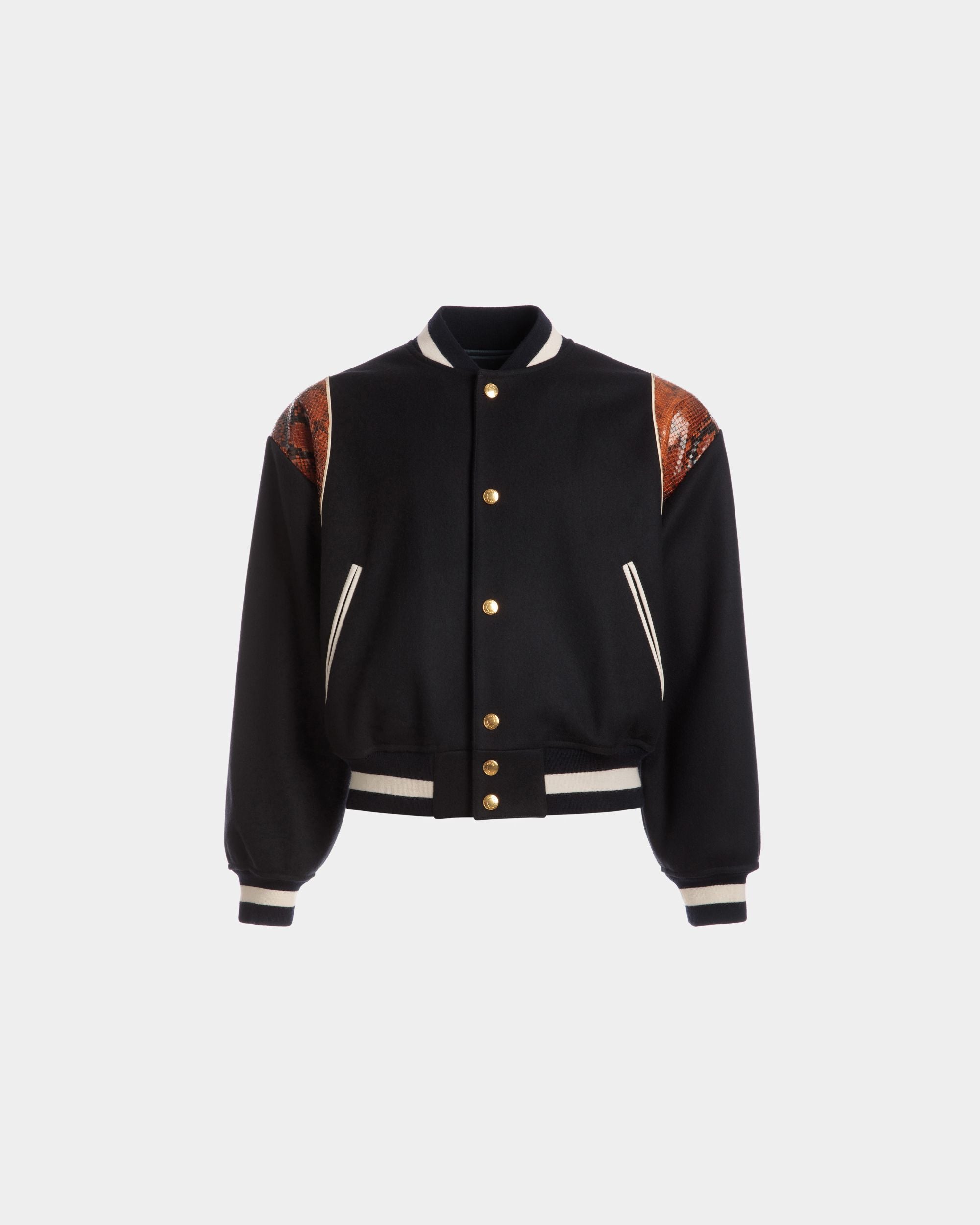 Letterman Jacket | Men's Outerwear | Navy Wool Mix | Bally | Still Life Front