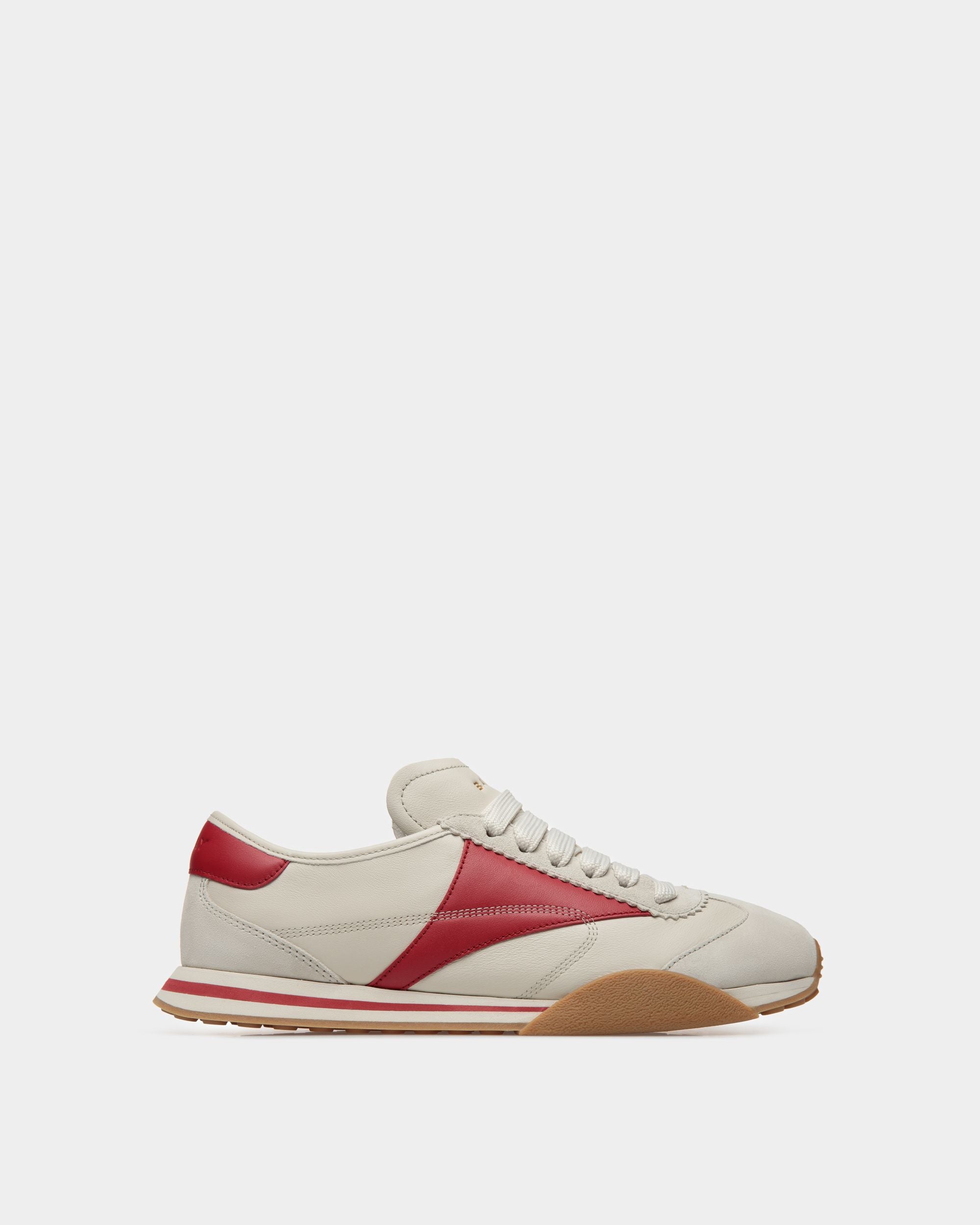 Sonney | Men's Sneakers | Dusty White And Deep Ruby Leather | Bally | Still Life Side