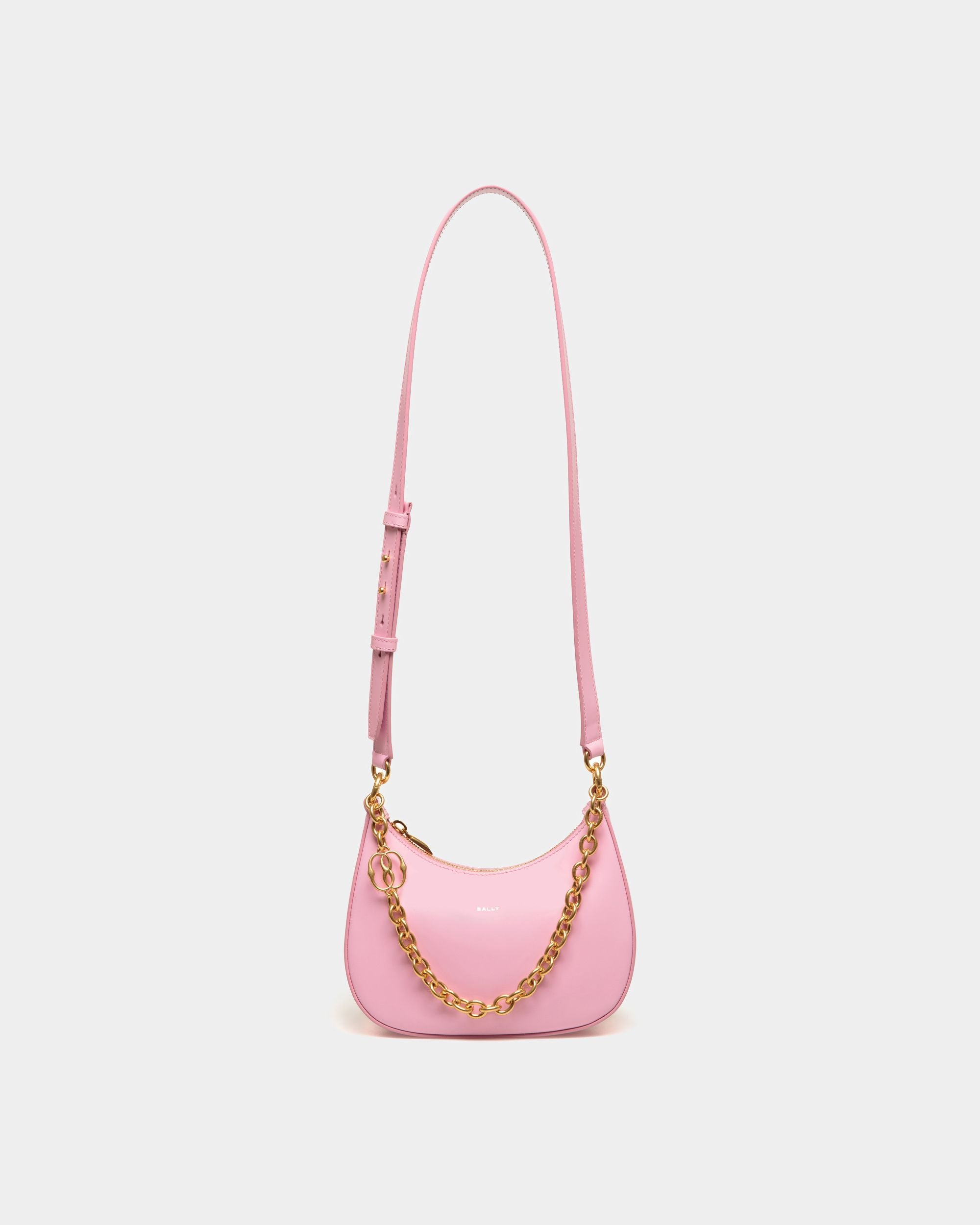 Women's Emblem Mini Crossbody Bag in Pink Patent Leather | Bally | Still Life Front