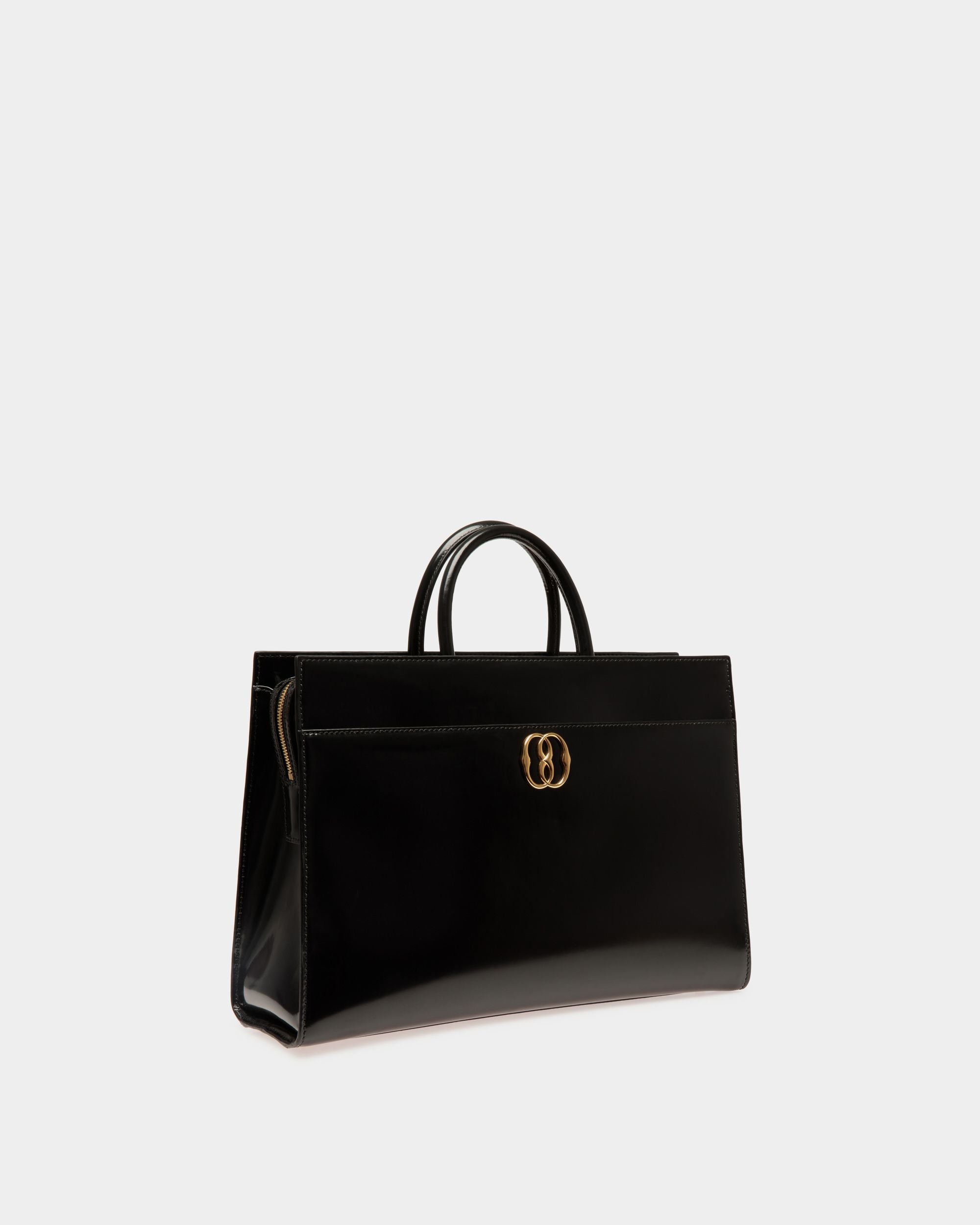 Emblem | Women's Tote Bag in Black Brushed Leather | Bally | Still Life 3/4 Front