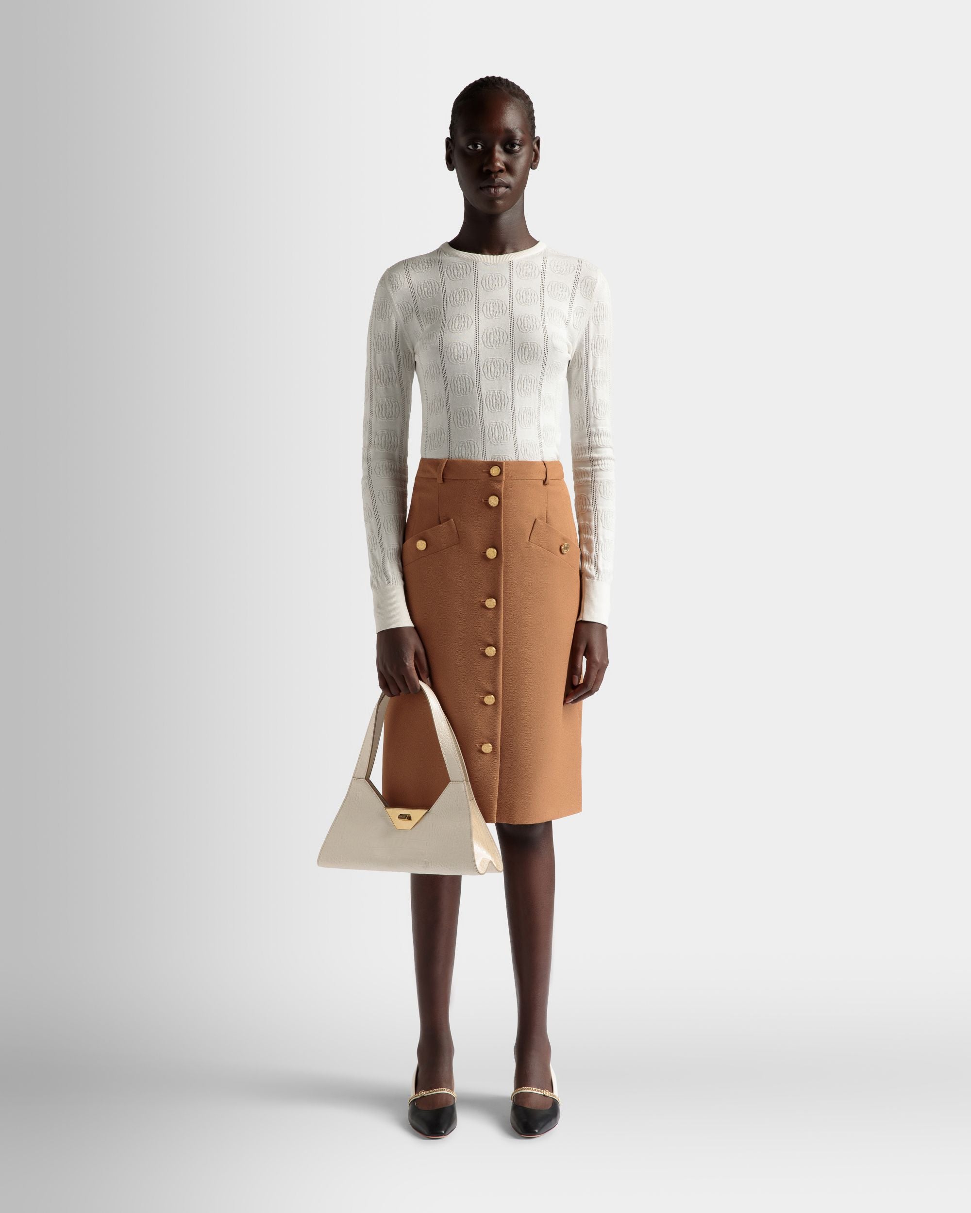 Tilt | Women's Small Shoulder Bag in White Crocodile Print Leather | Bally | On Model Front