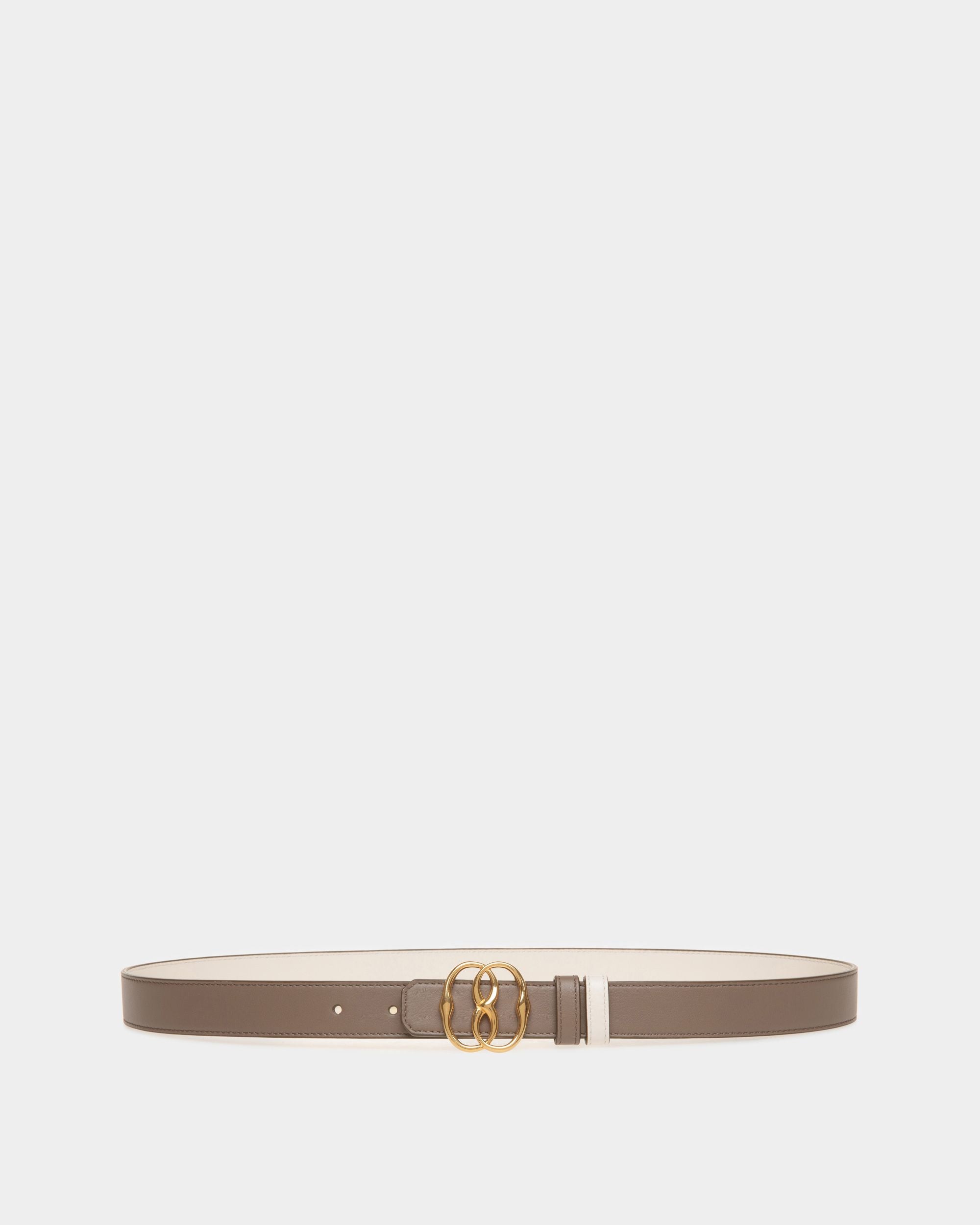 Emblem | Women's Reversible Belt in Beige Leather| Bally | Still Life Front