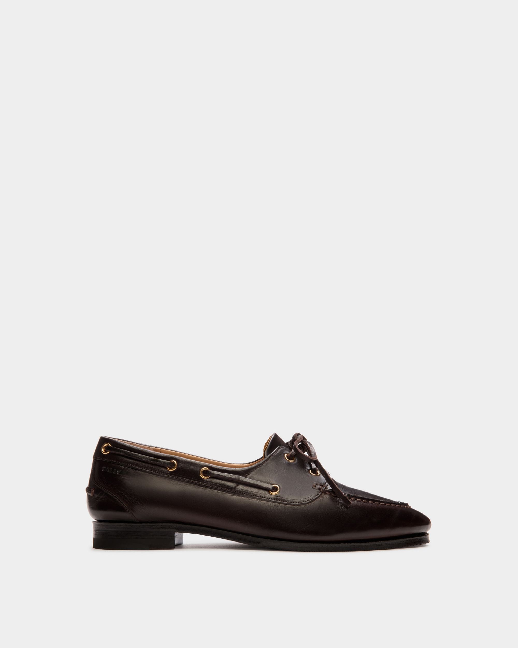 Plume | Women's Moccasin in Dark Brown Leather | Bally | Still Life Side