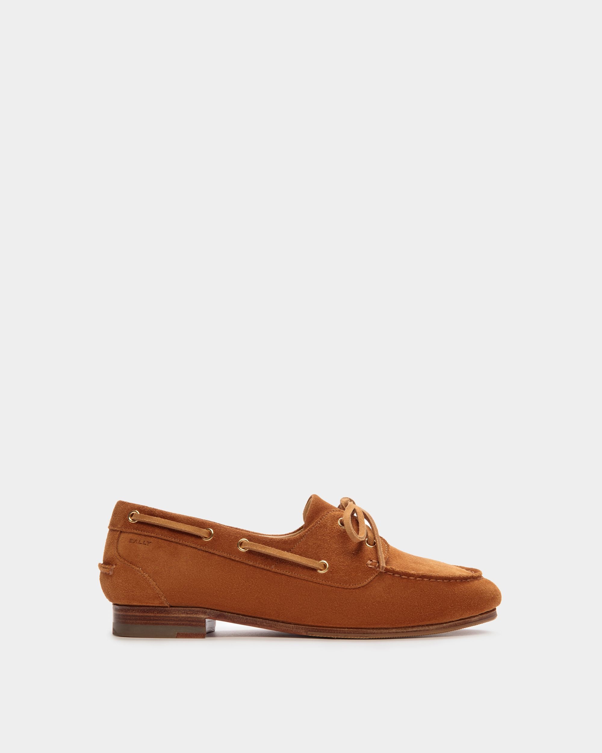 Plume | Women's Moccasin in Brown Suede | Bally | Still Life Side