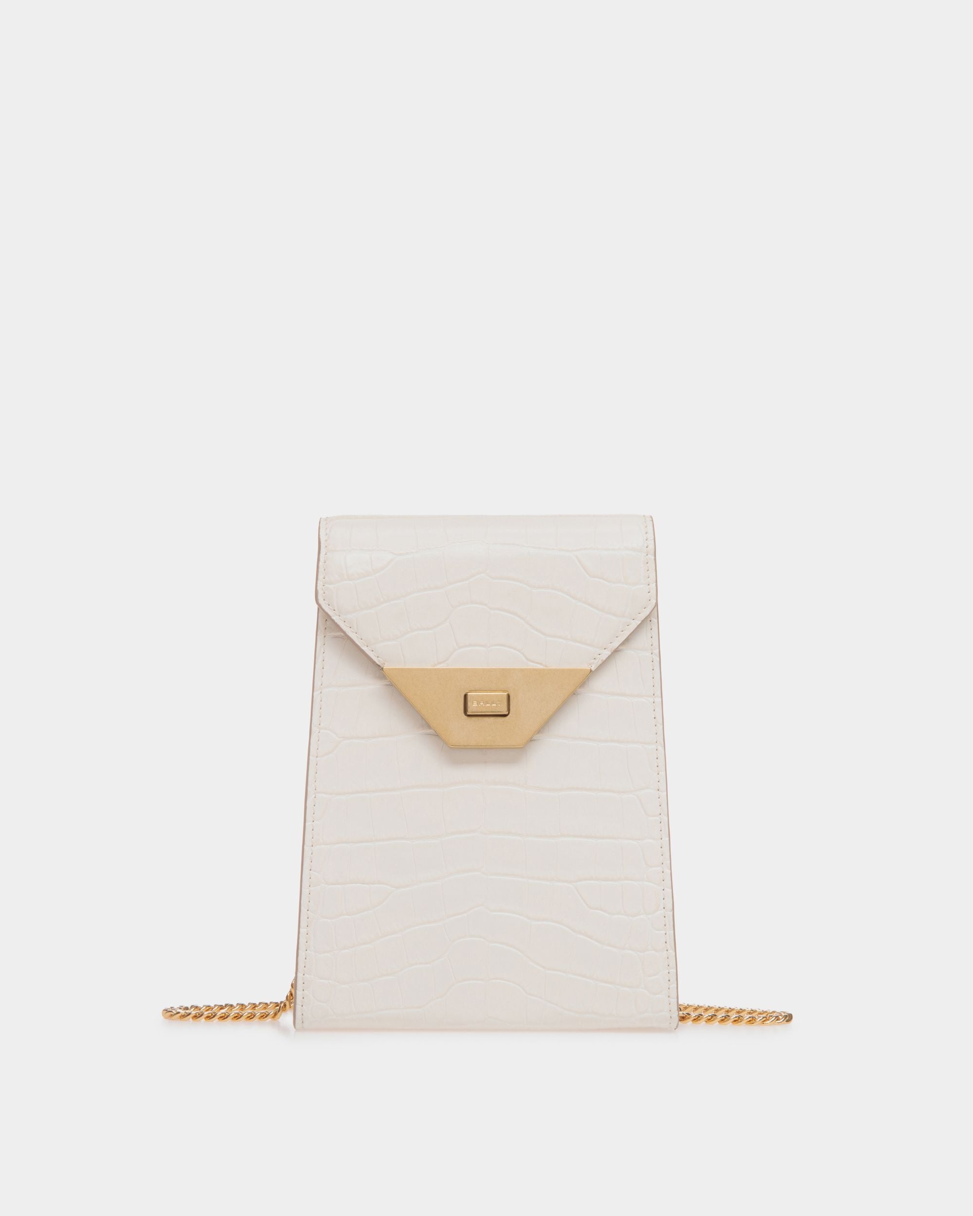 Tilt | Women's Phone Bag in White Crocodile Print Leather | Bally | Still Life Front