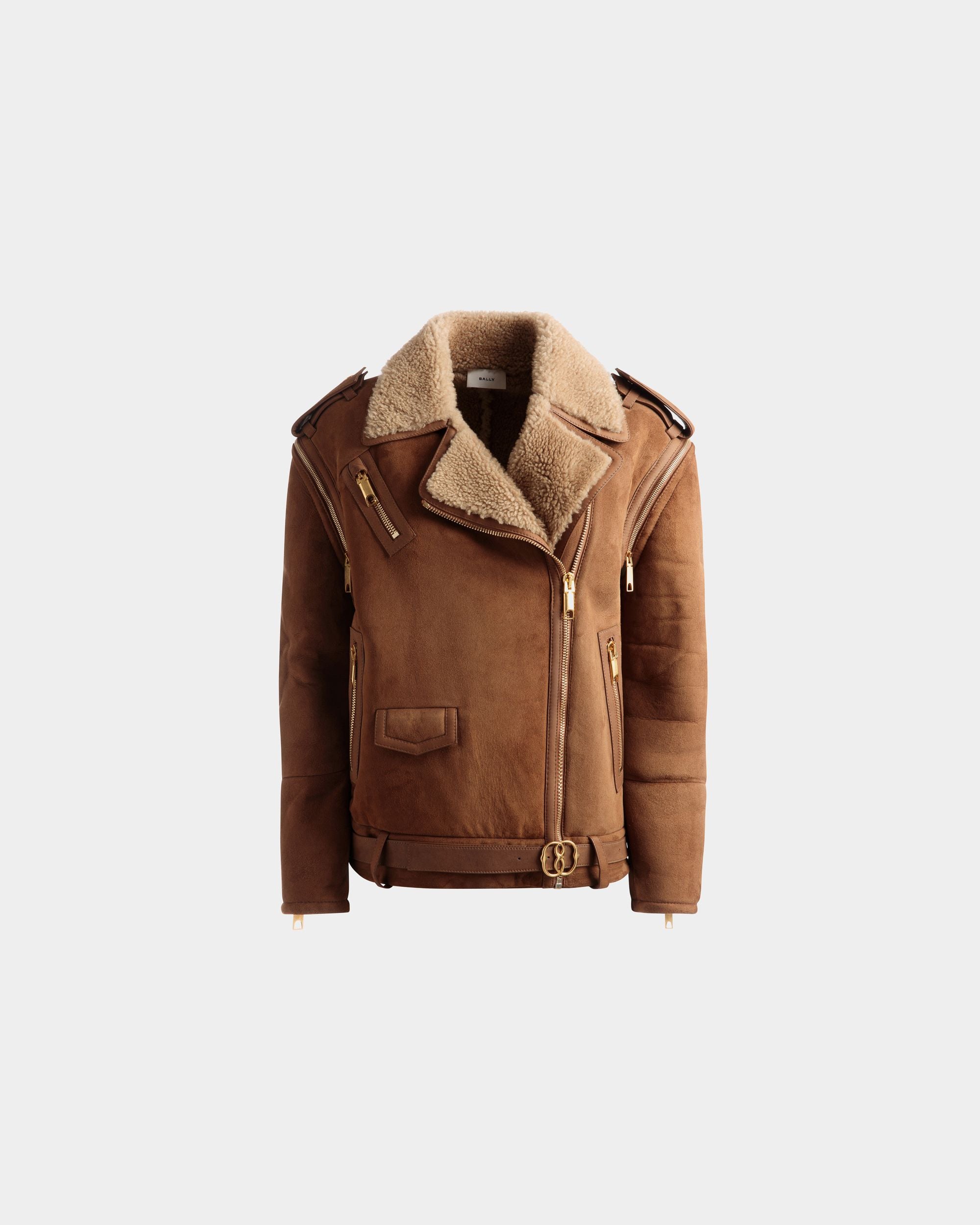 Women's Double-Breasted Shearling Jacket In Brown Suede | Bally | Still Life Front