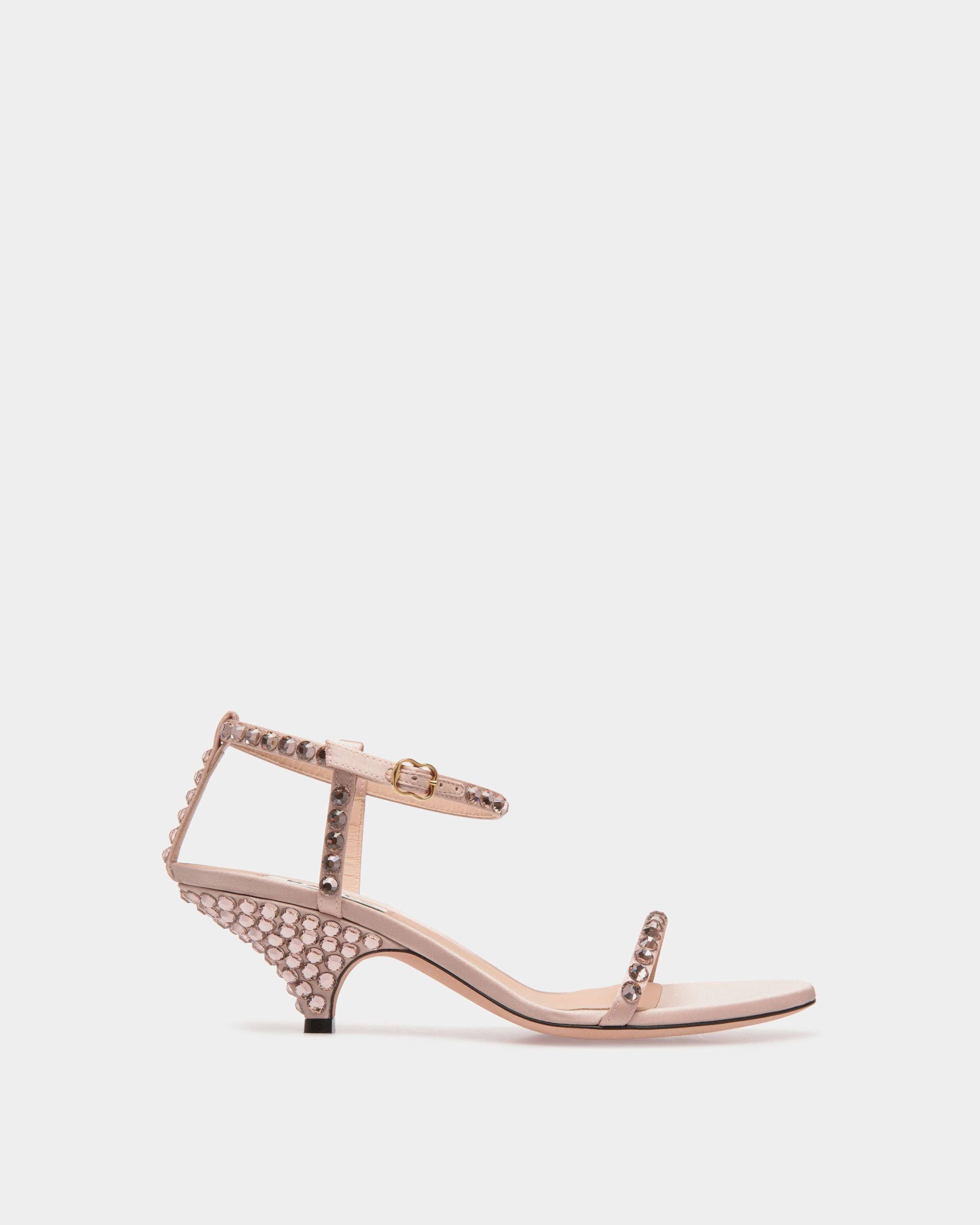 Women's Katy Heeled Sandal in Light Pink Fabric with Crystals | Bally | Still Life Side