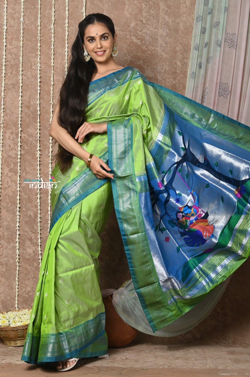 Tyohaar ~ Handloom Pure Silk Paithani Saree with Handcrafted Radha Krishna Pallu ~ Dual Tone Blue Green