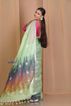 Pehal~ Sweet Leaf Green Handloom Organic Linen with Multicolor Ikkat Pallu