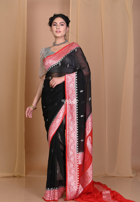 Pehal~ EXCLUSIVE! Pure Black Khadi Georgette Saree with Red Border Hand Embroidery