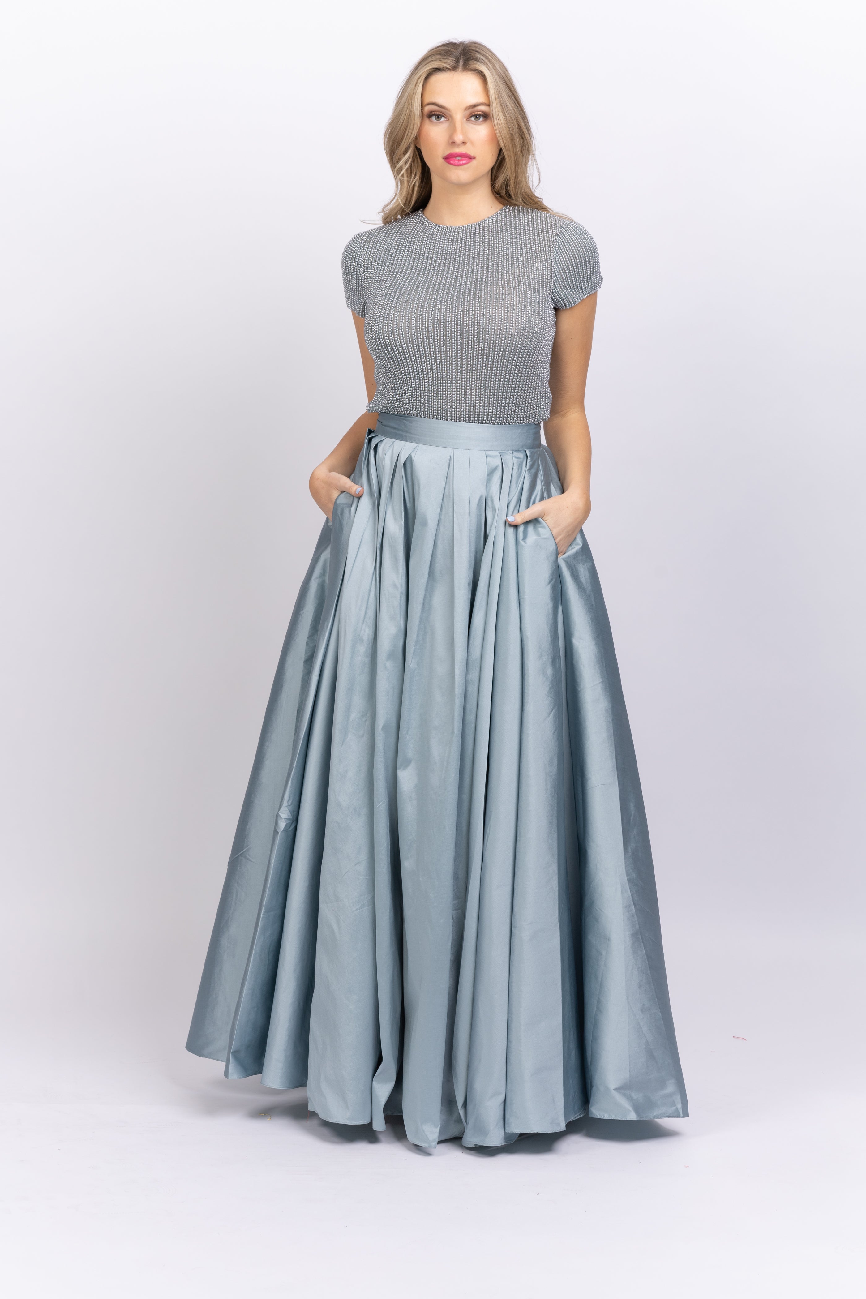 Taffeta Ball Gown with Floral Appliques on Skirt | David's Bridal