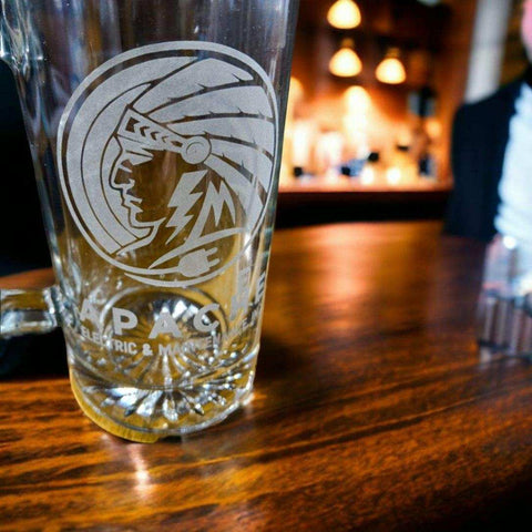 Laser engraved glass beer stein with electric company logo