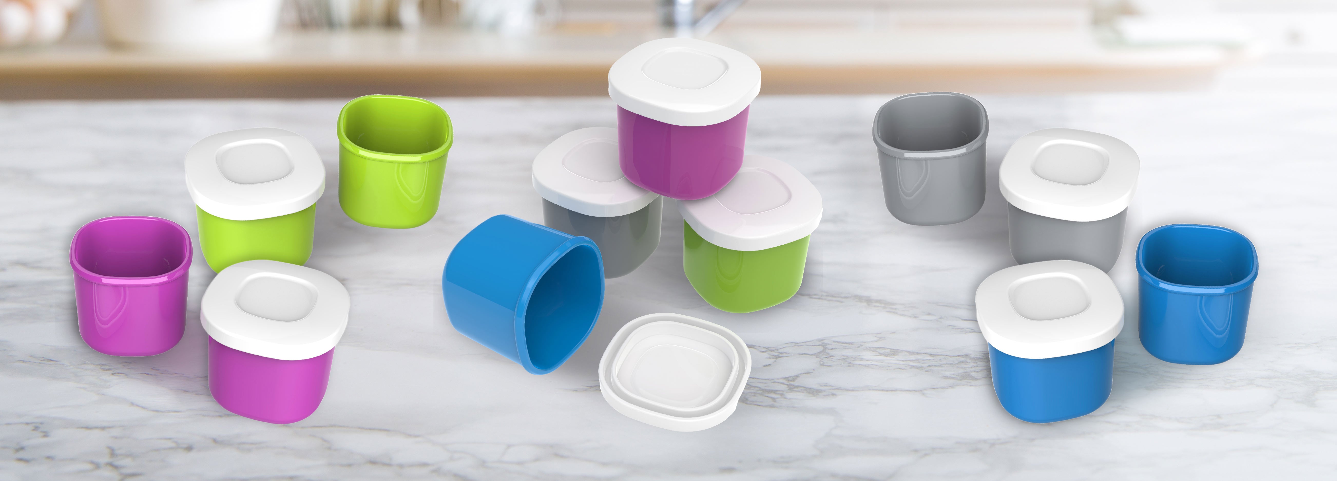 Bento Tek 3.7 x 2.2 x 1.1 inch Sauce Containers, 4 White Dipping Sauce Cups with Lids - with Blue Lid, Microwavable, Plastic Small Lunchbox Containers