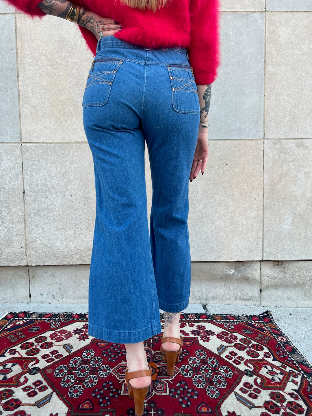 70s Rust Hip Hugger Bell Bottom Jeans, Rooster Patch on Back – The