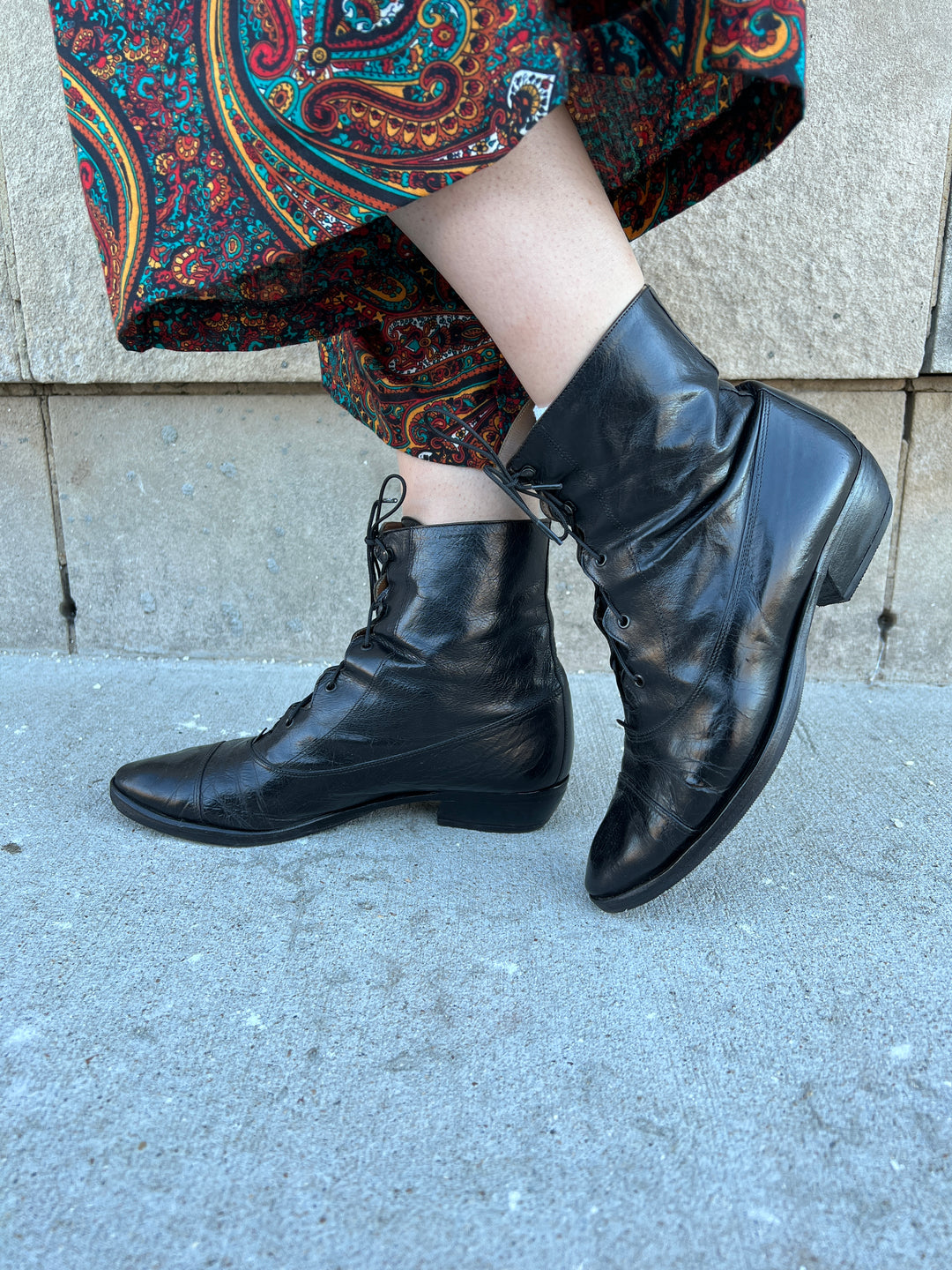 70s Black Leather Lace Up Knee High Boots